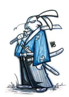 a drawing of a man with an umbrella on his head and two swords in his hand