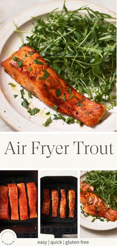 an air fryer with salmon and greens on it