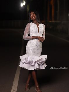 Wedding Dresses With Fitted Bodice And 3/4 Sleeves, Fitted Bodice Dress With 3/4 Sleeves For Wedding, Fitted Mother Of The Bride Dress With 3/4 Sleeves, White 3/4 Sleeve Evening Dress, African Wedding Dress Bridal, Classy White Dress, White Lace Dress Short, Lace Dress Classy, African Bridal Dress