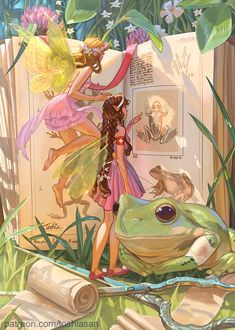 a fairy and a frog in front of an open book