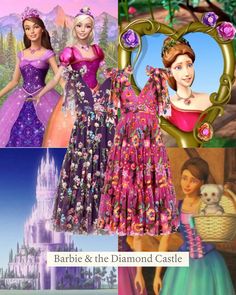 barbie and the diamond castle are featured in this collage with their princess dresses on display