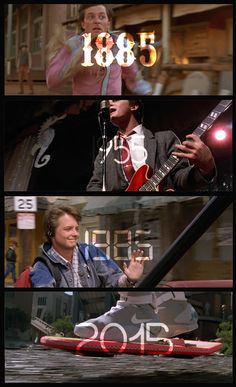 three different scenes from the same movie with one man playing guitar and another singing into a microphone