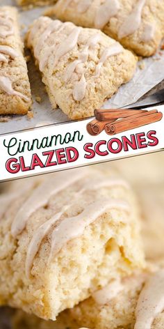 cinnamon glazed scones with icing on top and in the background, there is a sign that says cinnamon glazed scones