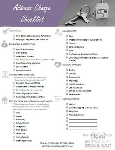 a checklist with the words address change and keychain on top of it