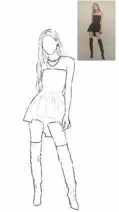 a drawing of a woman with long hair and boots, wearing a short black dress