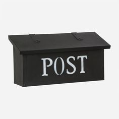 a black mailbox with the word post painted on it's front and sides