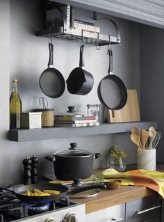 pots and pans are hanging on the wall