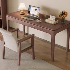 a laptop computer sitting on top of a wooden desk next to a lamp and chair