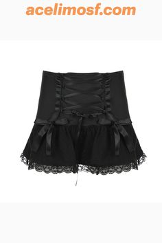 acelimosf™-Lace up ruched lace hem solid bowknot low rise mini skirt Gothic Stretch Mini Skirt, Fitted Gothic Mini Skirt, Gothic Black Mini Skirt, Black Gothic Mini Skirt With Ruffles, Black Gothic Mini Skirt, Low Rise Mini Skirt, Lace Hem, Crochet Skirt, Black Skirt