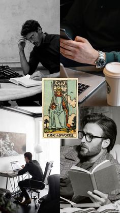 a man sitting at a desk with a book in front of him and an image of a woman reading