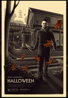 a movie poster for halloween with a man holding a knife in front of a house