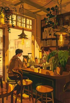 two people sitting at a bar in front of a window with potted plants on the windowsill