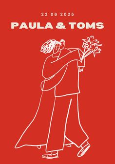 a couple hugging each other with the words paula and toms in white on red