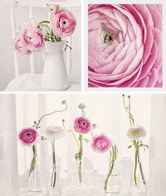 pink flowers are in vases on a white table and another photo has been altered