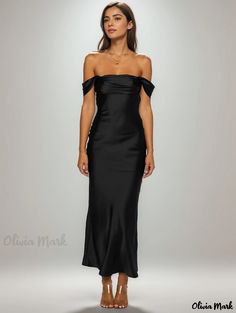 Olivia Mark - Elegant Off-Shoulder Maxi Dress in Satin for Evening Events Satin Black Midi Dress, Maxi Dinner Dress, Black Bridesmaids Dresses, Dress For Evening, Off Shoulder Evening Gown, Fiesta Dress, Satin Evening Gown, Bridesmaid Inspiration, Black Bridesmaids