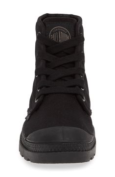 A tonal logo patch accentuates the sporty style of a high-top–inspired bootie set on a sturdy lugged sole. Style Name:Palladium Pampa Hi Bootie (Women). Style Number: 5950481. Casual Low-top Lace-up Boots With Lug Sole, Casual Mid-top Lace-up Boots With Rubber Sole, Black High-top Sneakers With Logo Patch, Casual Boots With Textured Sole For Streetwear, Casual High Ankle Boots With Textured Sole, Black High-top Sneakers With Lug Sole For Streetwear, Casual Lace-up Ankle Boots With Rubber Heel Cap, Casual Combat Ankle Boots For Streetwear, Black Sporty Lace-up Boots With Rubber Sole