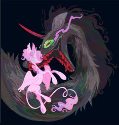 a drawing of a pink and black dragon next to a smaller creature with green eyes