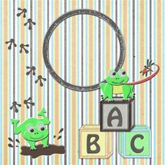 a green frog sitting on top of blocks with the letter abc in front of it