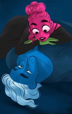 two cartoon characters one with pink hair and the other blue, staring at each other