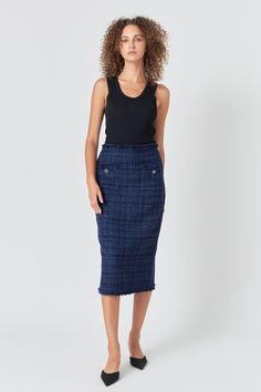 Be gorgeous and stylish in our Boucle Tweed Trimmed Midi Skirt! This fashionable midi skirt features classic boucle tweed fabric and is trimmed with fringes for a modern touch. The back zipper provides easy fastening. Show off your fashion savvy with our unique tweed skirt! Midi length Boucle tweed Fringe trim Back zipper Front pockets and buttons Back slit Lining Hand wash cold Do not bleach Do not tumble dry Iron low Dry Clean Shell: 65% Polyester 25% Acrylic 10% Wool Lining: 100% Polyester HN2246K Total length: 31" Waist: 27.5" S NAVY: Height 5'9" / Bust 32" / Waist 25" / Hips 36.5" Tweed Skirt, Skirt Midi, Tweed Fabric, Fringe Trim, Skirts For Sale, Front Zipper, Midi Length, Midi Skirt, Bleach