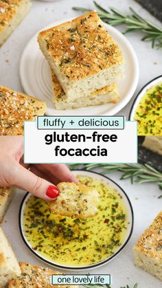 a person picking up some food from a plate with the words gluten - free focaccia on it