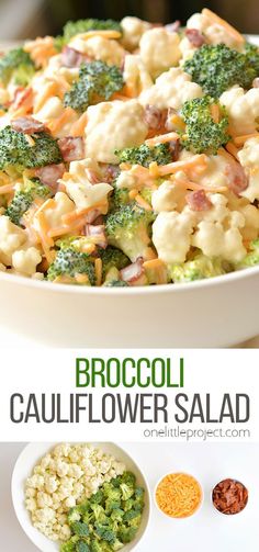 broccoli cauliflower salad in a white bowl with other ingredients around it