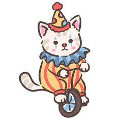 a cat riding a bike with a clown hat on it's head and legs