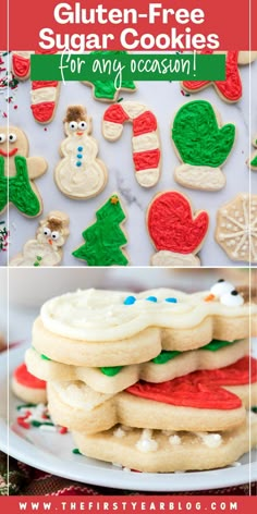 gluten free cut out sugar cookies pin with overlay text Chocolate Cream Pie With Pudding, Gf Sugar Cookie Recipe, Gluten Free Christmas Baking, Gluten Free Sugar Cookies