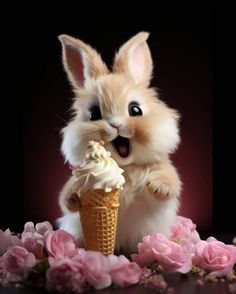 a bunny eating an ice cream cone with pink flowers around it on a black background