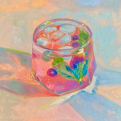 an oil painting of a glass filled with liquid and flowers on a pastel background