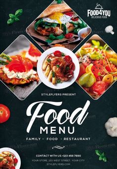 the food menu is ready to be eaten in this restaurant brochure, which includes different