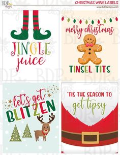 four christmas cards with santa's stockings and reindeers on them, one has a ginger