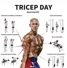 an image of a man doing exercises for his body and shoulders with the words tricep day on it