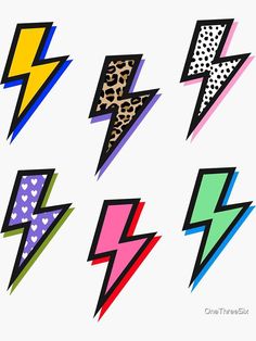 six different colored lightning bolt designs on a white background with hearts and cheetah spots