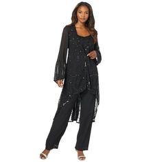 Roaman's Women's Plus Size Three-Piece Beaded Pant Suit Formal Evening Wear Set, Mother Of The Bride Outfit.Made of lightweight georgette, this three-piece ensemble is embellished with beading on the top, jacket and pant. Scoop neck. Wide-leg pants with an elastic waist. Open-front jacket. Jacket: 40" length; Top: 28" length; Pants: 30" inseamPetite Jacket: 40" length; Top: 27" length; Pants: 29" inseamPoly georgetteDry cleanImported . About the brand: Roamans is known for our fashionable plus s Dress Pant Suit, Sheer Jacket, High Waisted Swim Bottoms, Formal Evening Wear, Pant Suits, Mother Of The Bride Outfit, Blouse Tank Top, Pant Suit, Bride Clothes