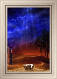 an image of the birth of jesus in the desert with palm trees and blue sky