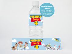 a water bottle label with an image of the cartoon characters on it and a name tag