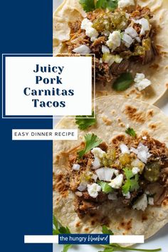 two tacos on a plate with the title juicy pork carnitass tacos