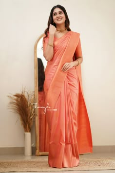 Bridal Silk Saree Wedding, Silk Saree Look Traditional, Orange Saree Look, Thenmozhi Designs, Tamil Saree, South Indian Saree, Sarees For Girls, Saree Wearing Styles, Simple Saree Designs