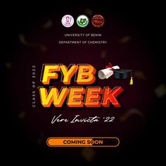 the flyer for fyb week with graduation caps and diplomas on black background