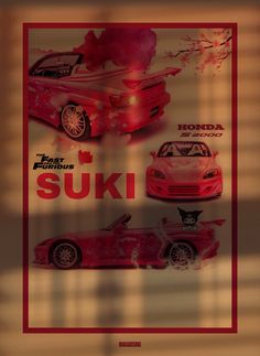 an advertisement for the fast and the fabulous suki car is displayed in front of a window