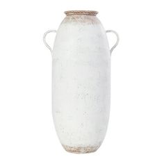 a white vase with handles and rope on the handle is shown in front of a white background