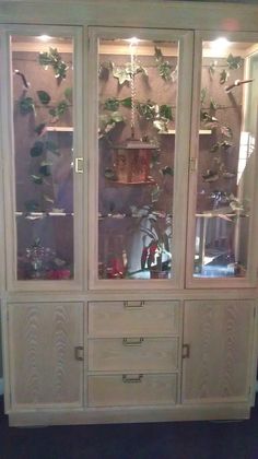 a white china cabinet filled with lots of plants