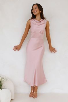 Length from shoulder to hem of size S: 134cm. Chest 41cm, Waist 35cm, across front only of size S. Maxi dress. Lined. Model is a standard XS and is wearing XS. True to size. Non-stretch. Satin. High cowl neck. Button closure to back of neck. Gathered details to top. Zipper with hook eye closure. Cold hand wash only. Polyester/Spandex. For a sleek, sophisticated look, choose the Together As One Satin Maxi Dress. Featuring a silky satin, a high cowl neckline and gathered details to the top. Style with heels for classy attire. Casual Pink Dress, Classy Attire, Pink Satin Dress, Spring Summer Wedding, Pink Dress Casual, Floor Length Dress, Bridal Shower Dress, Shower Dresses, Maxi Dress Wedding