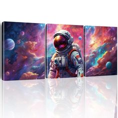 an astronaut standing in front of colorful clouds and planets