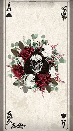 a playing card with a skull and roses on it