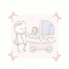 a drawing of a teddy bear pushing a baby carriage with a stuffed animal in it