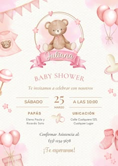 a baby shower with teddy bears, balloons and other items in pink colors on a white background