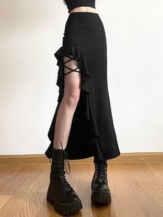 High Waist Irregular Split Goth Skirt - AnotherChill Goth Skirt, Long Skirt Casual, Girl Punk, High Waist Long Skirt, Mid Skirt, Clothes Korean Style, High Waisted Maxi Skirt, Ankle Length Skirt, Skirt Y2k