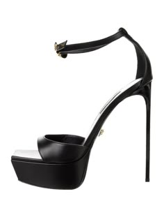 Versace Leather D'Orsay Pumps Black Leather Trim Peep-Toes Stiletto Heels with Platform Straps & Buckle Closure At Uppers Size 9 | IT 39 Heels: 5.75". Platforms: 1.5" New with Box AUTHENTIC Bought from US store #101421 Black Versace Heels, Versace Shoes Women, Victoria Secret Heels, Expensive Heels, Grad Shoes, Sofia Vergara Style, Versace Heels, Heels With Platform, Shoes Png